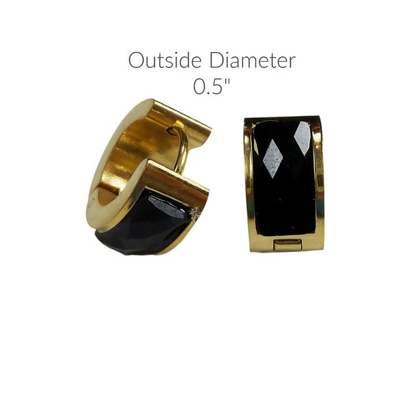 Gold Plated Stainless Steel Round Huggies Earrings Black Faceted Crystal - Picture 2 of 3